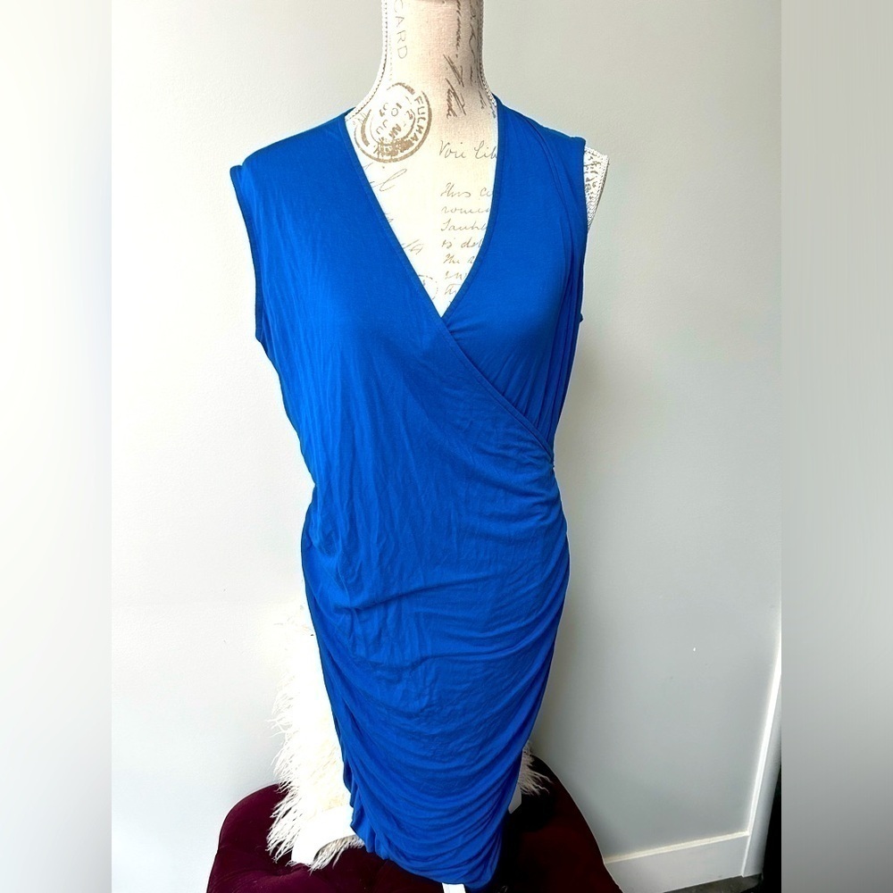 Mossimo lined jersey knit rouched faux wrap dress.
